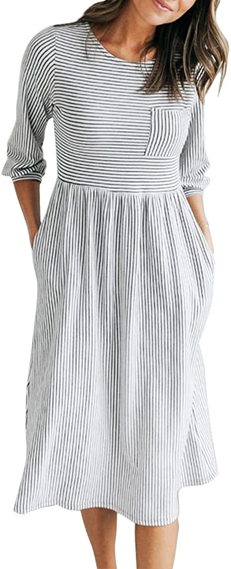 MEROKEETY Women's 3/4 Balloon Sleeve Striped High Waist T Shirt Midi Dress with Pockets