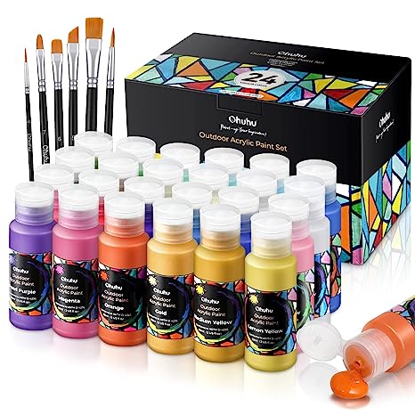 Acrylic Paint Set Ohuhu 24 Acrylic Colours Painting kit Waterproof 20 Basic & 4 Metallic Painting Colours Acrylic Paints with 6 Brushes for Fabric Canvas Glass Woods Rocks Patio Statues Last 3-4 Years