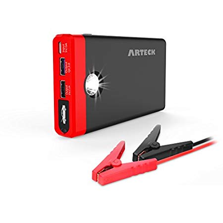 Arteck Car Jump Starter Up To 4.0L Auto Battery Charger and 12000mAh Portable External Battery Charger for Automotive, Motor, Boat, Smart Phone with Clamp, LED Flashlight, 12V Output 400A Peak Current
