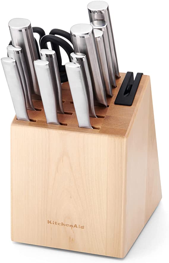 KitchenAid Gourmet 14-piece Forged Stainless Steel Block Set with Built-in Knife Sharpener, Natural