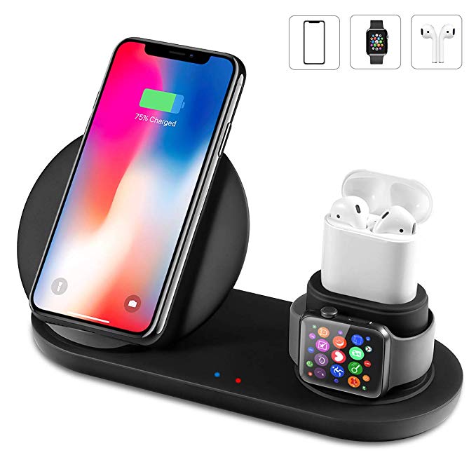 3 in 1 Wireless Charger Stand Qi-Certified Fast Wireless Charging Station for iPhone Compatiable for iPhoneX/XS/8/8P iWatch Series1/2/3/4 and Other Qi-Enabled Device