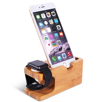 SENQIAO Apple Watch Stand：Bamboo Wood Desktop Charging Stand Docking Station Stock Cradle Holder for All Iphone & Apple Watch 38mm & 42mm(2 in 1)(100% Natural Bamboo)