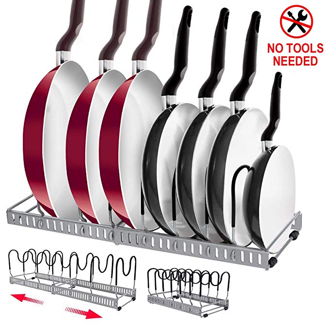 Expandable Pan Rack Organizer, G-TING 7  Adjustable Pot Lid Holders & Bakeware Rack, Kitchen Cookware Pantry Cabinet Storage Rack with 7 Expandable and Adjustable Compartments (Up to 23”)