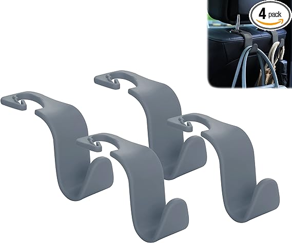 Amooca Car Seat Headrest Hook 4 Pack Hanger Storage Organizer Universal for Handbag Purse Coat Universal fit Vehicle Car with Clip Grey