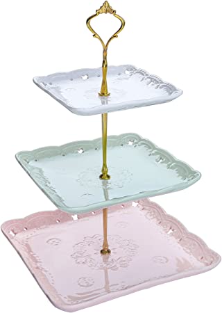 MALACASA, Series Sweet.Time, 14.5" Tall 3 Tier Cake Stands (6" & 8" & 10") Round Ceramic Dessert Cake Tower Stand, Porcelain Party Food Server Display Holder with Golden Carry Handle, Colorful