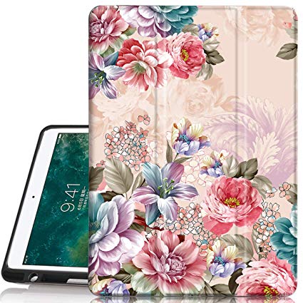 iPad Pro 12.9 2017/2015 Case, Hocase Folio Smart Case with Pencil Holder, Unique Design, Auto Sleep/Wake Feature, Soft TPU Back Cover for iPad Pro 12.9 1st&2nd Generation 2015&2017 - Peony Flowers