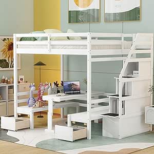 Harper & Bright Designs Full Size Loft Bed with Stairs and Desk, Solid Wood Full Over Full Stairway Bunk Bed Frame, The Bottom Bed can be Convertible to Seats and Table Set (Full Size, White)