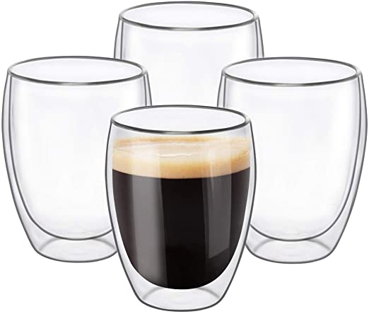 ComSaf Glass Coffee Mugs 350ml(Set of 4), Double Wall Insulated Thermal Cups Drinking Glasses for Tea Coffee Latte Cappucino Cafe Milk, Clear