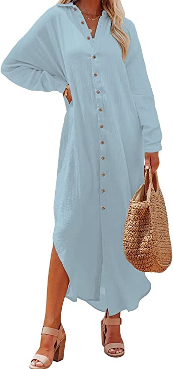 Bsubseach Women Button Down Swimsuit Cover Ups Long Beach Shirt Dress Casual Kimono Cardigan