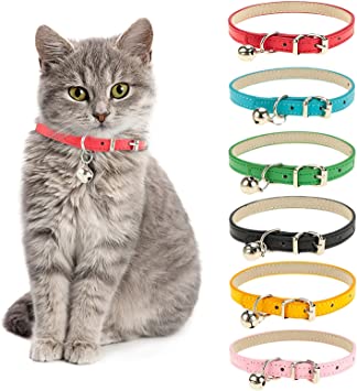 Chenkaiyang Cat Collars Leather with Removable Bell Polished Durable Metal Buckle Soft and Adjustable for Cats Puppy Small Medium Dogs (6 Pack)