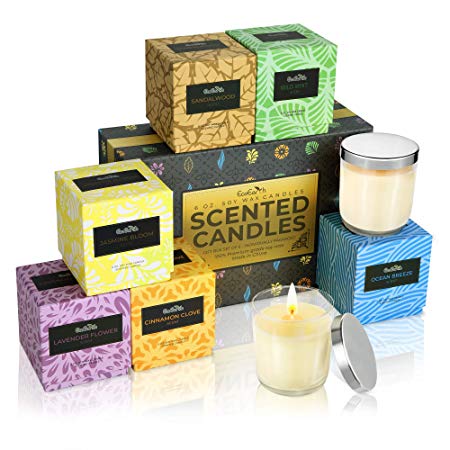 EcoEarth Deluxe Gift Candle Set, Full 6 oz (not 2 oz or 4 oz Sample Size) Eco-Friendly Glass Jar   Lid, Natural German Soy Wax Candles Scented with Essential Oils for Stress Relief (Assorted, 6 Pack)