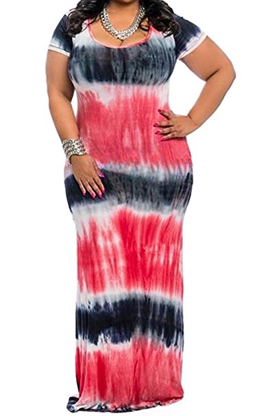 WearLove Women's Plus Size Color Block Tie Dye Stripes Boho Summer Beach Long Maxi Dresses