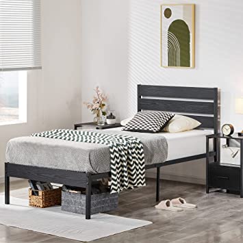 VECELO Platform Twin Bed Frame with Rustic Vintage Wood Headboard and Footboard, Mattress Foundation, Strong Metal Slats Support, No Box Spring Needed