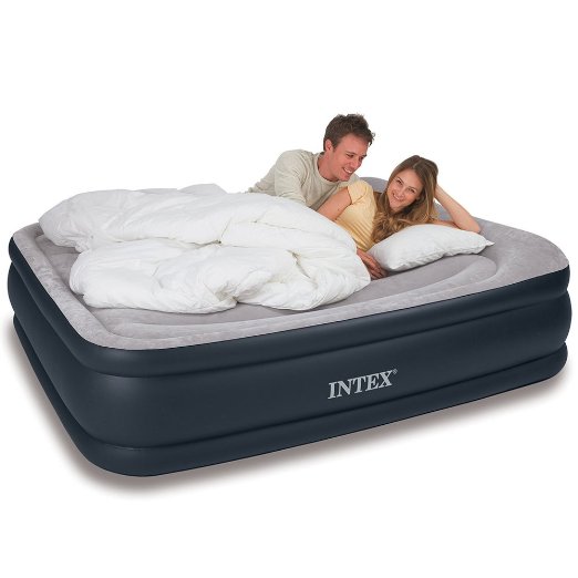 Intex Deluxe Pillow Rest Raised Airbed with Soft Flocked Top for Comfort, Built-in Pillow and Electric Pump, Queen, Bed Height 16 3/4"