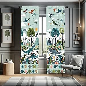 Ambesonne Dino Art Window Curtains, Adventurous Dinosaurs in Scandinavian Forest with Trees and Flowers, Lightweight Decorative 2-Panel Set & Rod Pocket, Pair of - 28" x 84", Blue Green and Paprika