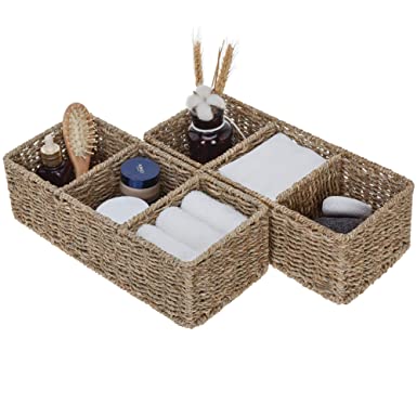 StorageWorks 3-Section Wicker Baskets for Shelves, Hand-Woven Seagrass Storage Baskets, 14.4" x 6.1" x 4.3", 2-Pack