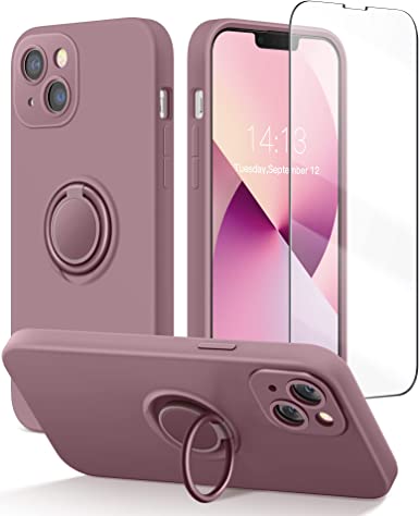 MOBOSI iPhone 13 Silicone Case with Ring Stand, [Enhanced Camera Protection] with Screen Protector, Soft Cotton Lining Full-Body Shockproof Protective Phone Case for iPhone 13 6.1 Inch, Lilac Purple