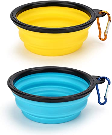 Depets 2 Pack Collapsible Dog Bowl, Portable Dog Bowls for Travel, Fodable Silicone Bowls for Dogs Cats, Small Collapsible Pet Feeding Watering Dish with 2 Carabiners