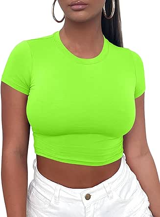 Kaximil Women's Short Sleeve Crop Tops Cute Casual Basic Crew Neck Tight T Shirts