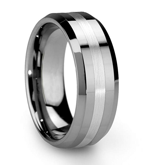 King Will Classic Men's 8mm Tungsten Ring One Tone Matte Finish Brushed Center Wedding Band Beveled Edge