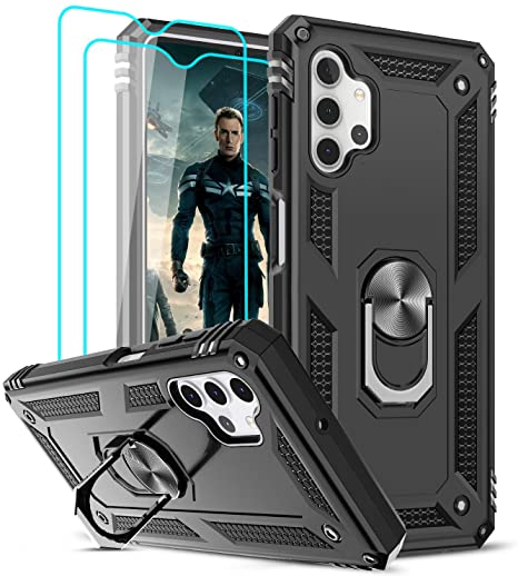 LeYi Compatible for Samsung Galaxy A32 5G Case (Not Fit A32 4G) with [2 Pack] Tempered Glass Screen Protector, [Military-Grade] Defender Phone Case with Ring Holder Kickstand for Samsung A32 5G, Black