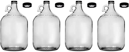 North Mountain Supply 1 Gallon Glass Fermenting Jug with Handle, Black Polyseal Lid & Black Metal Lid - Set of 4