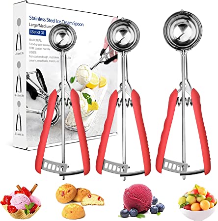 Cookie Scoop 3 Pcs Ice Cream Scoop, Tarnel With Trigger 18/8 Stainless Steel Ice Cream Scoop for Ice Cream Cookies Cake Batter Include Large-Medium-Small Size (Red)