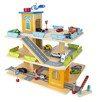 Wooden 3 level garage with elevator, cars and a helicopter landing pad