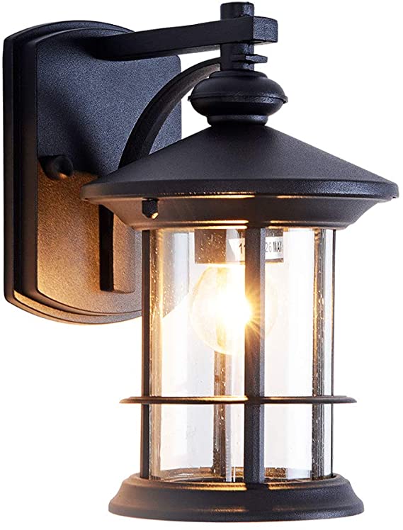 Rustic Small Outdoor Wall Light Fixture for Exterior Waterproof Rust-Proof House Deck Patio Porch Lighting Matte Black Aluminum Housing with Seed Glass Shade, Black 10.24" Height