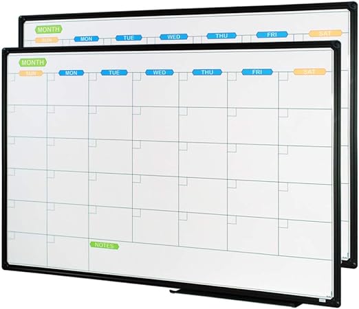 JILoffice Dry Erase Calendar Whiteboard - Magnetic White Board Calendar Monthly 36 X 24 Inch, 2 Pack, Black Aluminium Frame Wall Mounted Board for Office Home and School