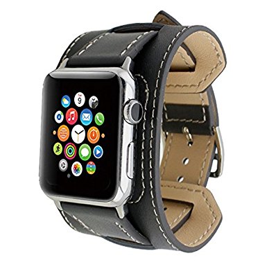 Wearlizer Genuine Leather Watch Band Replacement Strap w/ Metal Clasp for Apple Watch Series 1 2 all Models Cuff Design - 42mm Grey