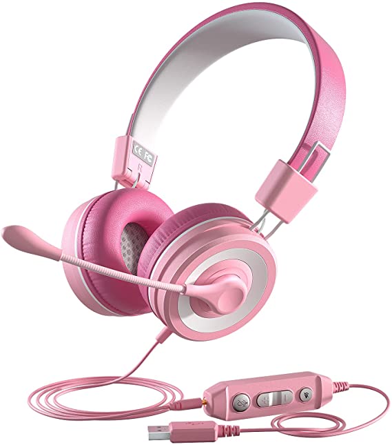 USB Headset with Microphone, 3.5mm/USB Wired PC Headphone with Noise Cancelling, Plug and Play Office Headset with In-line Control, Computer Headset Suitable for PC Laptop Call Center Skype(Pink)