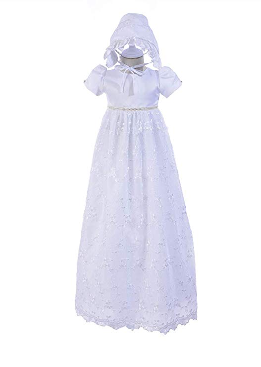 HX Newborn Baby Girls White Embroidered Baptism Christening Gowns Wedding Long Dresses with Bonnet