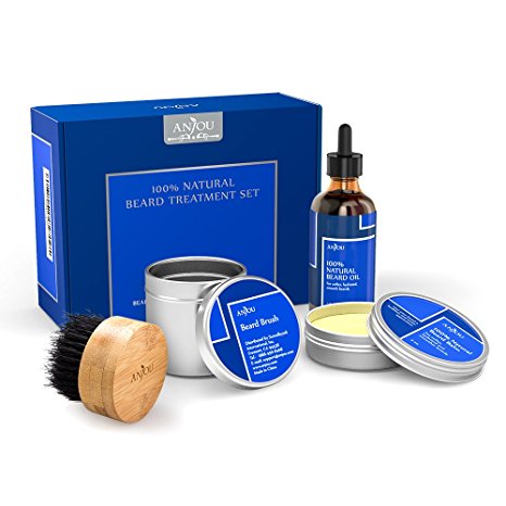 Anjou Beard Gift Set of 1x Beard Oil, 1x Beard Balm & 1x Boar Bristle Beard Brush - 100% Pure, Natural Grooming Kit with Beard Butter (Hair Repair & Growth - Vitamin E)