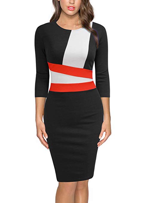 FORTRIC Women Round Neck Sleeveless Elegant Wear to Work Pencil Party Dress