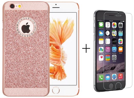 Iphone 6s Case, Iphone 6 Case, A-Focus Rose Gold Bling Shiny Glitter Elegant Fashion Crystal Rhinestone Hybrid PC Case   Glass Screen Protector for Iphone 6 / 6s (Bling Rose Gold)