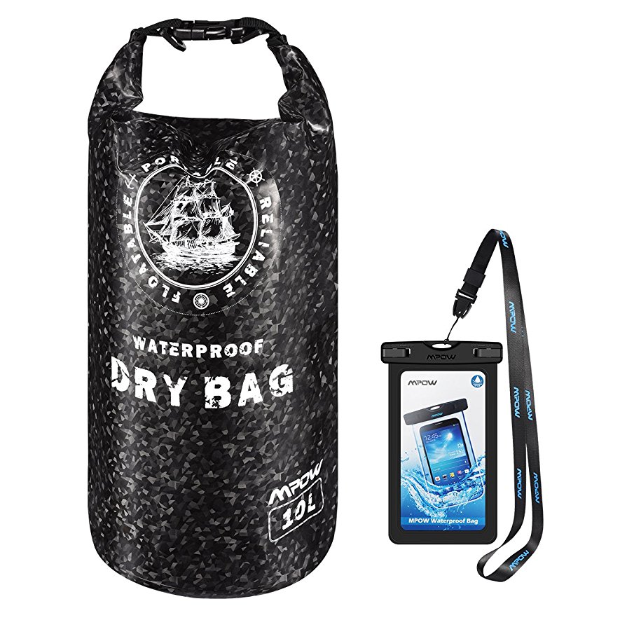IPX8 Waterproof Dry Bag, Mpow 10L Dry Bag with Waterproof Cell Phone Case 2 Zip Lock Seals & Detachable Shoulder Strap for Skating, Kayaking,Sking, Beach, Rafting, Boating, Hiking, Camping and Fishing