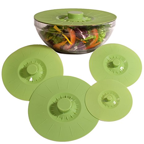Green Silicone Bowl Lids, Set of 5 Reusable Suction Seal Covers for Bowls, Pots, Cups. Food Safe