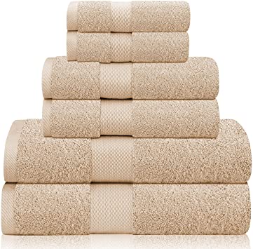 Towels Set, Bath Towels Set for Bathroom 100% Cotton 600 GSM Absorbent and Soft Towels Set of 6 - 2 Bath Towels, 2 Hand Towels, and 2 Washcloths, Light Tan
