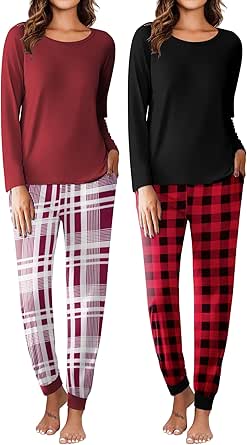 Ekouaer 2 Pack Womens Pajamas Set Long Sleeve Sleepwear Top and Jogger Pants Lounge Sets Cozy Pjs Loungewear S-XXL