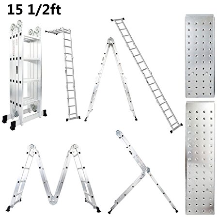 Luisladders 15.5 Feet Multi-purpose Aluminium Folding Extendable Ladder 330 Pound Capacity Safety Locking Hinges Includes 2 Iron Plates