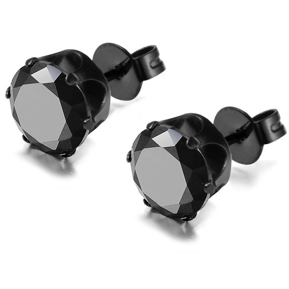 FIBO STEEL Stainless Steel Mens Womens Stud Earrings Black Round Cubic Zirconia Inlaid, 3mm-8mm Available
