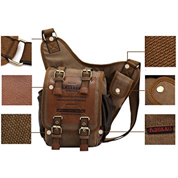 APG Men's Brown Canvas Leather Single Shoulder Cross Body Bag Military Messenger School Travel Hiking Satchel