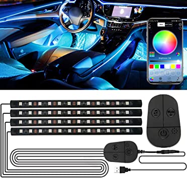 Interior Car Lights, RGB LED Strip Light with Upgraded APP and Controller Under Dash Car Lighting Kits, Waterproof DIY Colour Music Sync Interior Lights, Strong Adhesive, 4pcs 48 LED with 5V USB Port