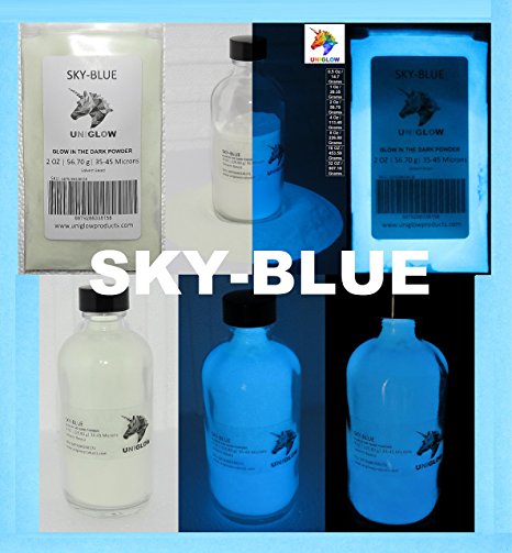 Sky-Blue Glow in the Dark Pigment Powder (NOT-ENCAPSULATED)(0.5 Oz / 14.18 Grams) LONGEST LASTING GLOW IN THE DARK POWDER. RECOMMENDED FOR ALL COLORLESS MEDIUM. INK. PAINT. PLASTIC RESIN. GLASS.etc