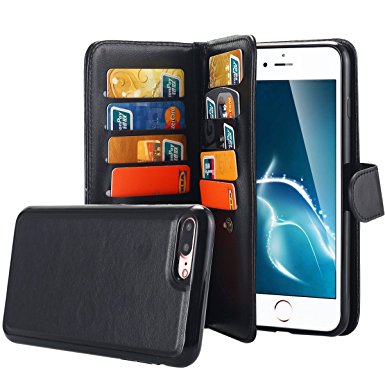 iPhone 7 Plus Case, Pandawell PU Leather 9 Card Slot Wallet Folio Case with Detachable Magnetic Hard Case for Apple iPhone 7 Plus - Black