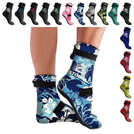 BPS 'Storm Elite Sport' Water Socks (High Cut - More Coverage, Protection & Warmth) 3mm Neoprene Glued & Blind-Stitched w/Fit Adjustment Straps - Snorkeling, Tide-Pooling (Water & Sand Activities)