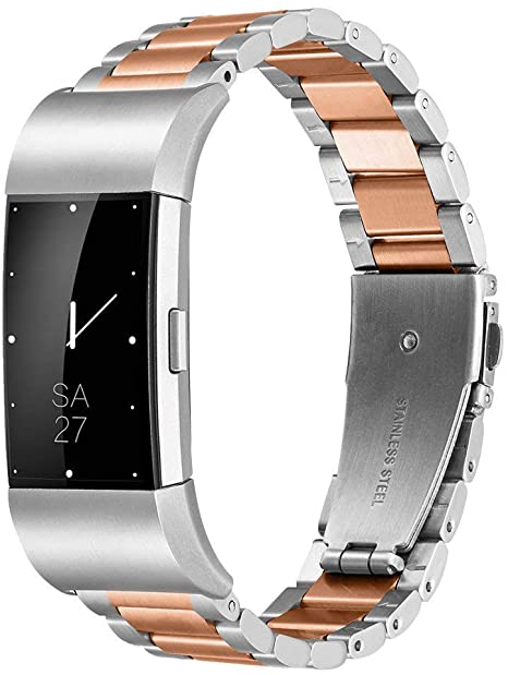 Fitbit Charge 2 Wrist Band,Shangpule Stainless Steel Metal Replacement Smart Watch Band Bracelet with Double Button Folding Clasp for Fitbit Charge 2 (Silver   Rose Gold)