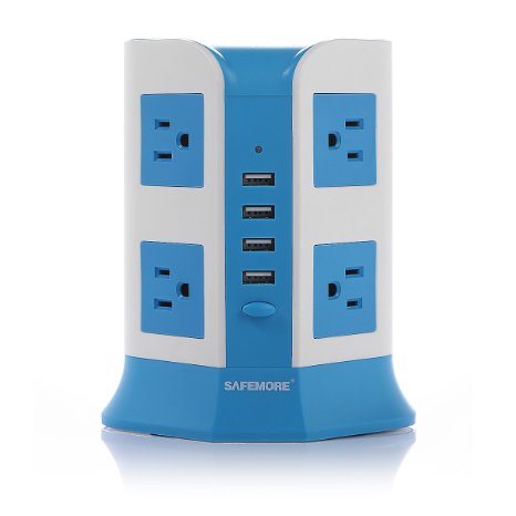 Safemore Smart 8-Outlet with 4-USB Output Surge Protection Power Strip 4000W 110-250V for HomeOffice Use including 65 Feet20 Meters Cable Blue and White65289