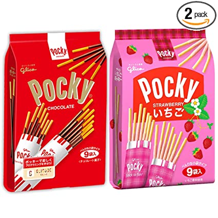 Pocky Family Pack Sticks, 2 Packs Variety Pack of Chocolate and Strawberry Cream Covered Biscuit, 9 Count Per Pack, Made in Japan